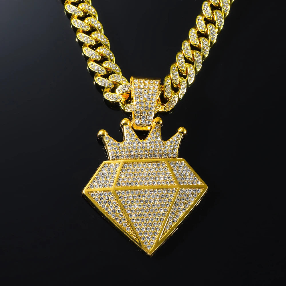 Hip Hop Iced Out Crown Pendant Necklace with 13Mm Rhinestone Cuban Chain Bling Necklaces Men Women Fashion Charm Jewelry Gift