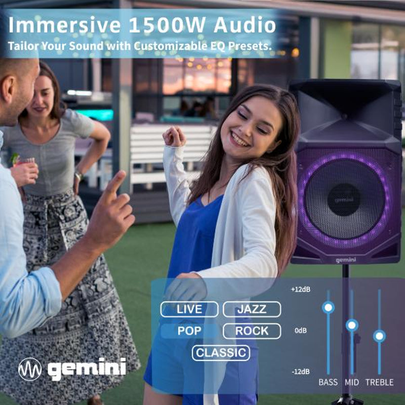 Gemini GXP-T1500 Rechargeable Portable Water-Resistant Bluetooth Speaker, 15-Inch Woofer, RGB Party Lighting, Microphone, FM Radio, USB Playback Audio Cable