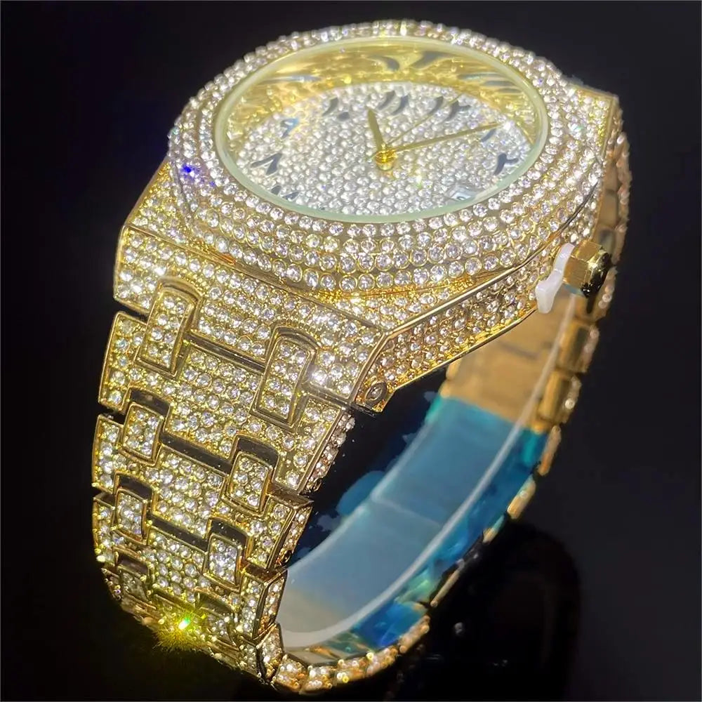 2024 New Arab Number Watch for Men Luxury Fully Diamond Bling Mens Quartz Watches Fashion Iced Out Silver Waterproof Male Clock