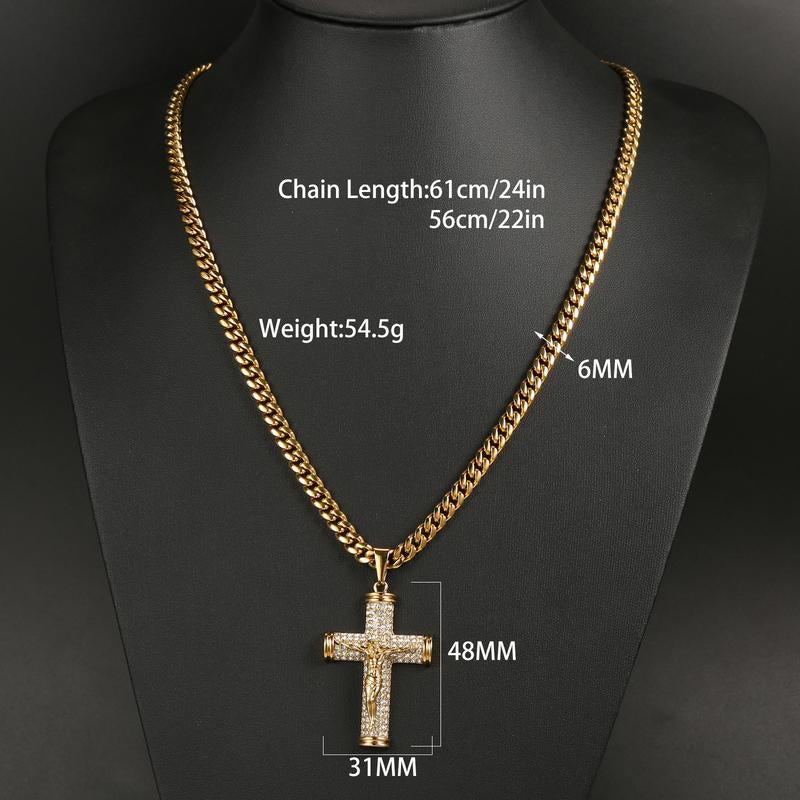 Jesus Cross Pendant Necklace for Men, 18K Gold Plated Stainless Steel 6MM Cuban Chain Hypoallergenic Pendant, Christian Gift
