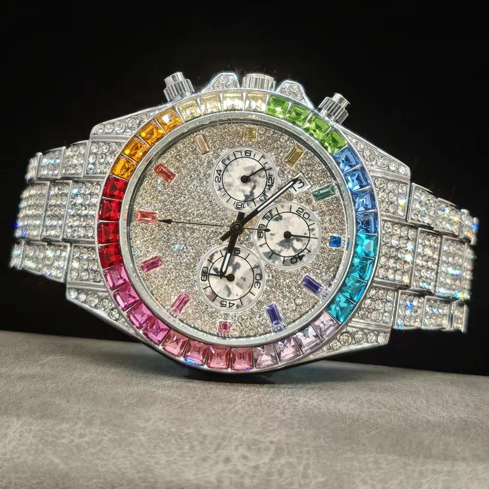 Fashion Ice Watches Men Brand Luxury Stainless Steel Hip Hop Rainbow Diamond Quartz Wristwatch Male Gift Dropshipping