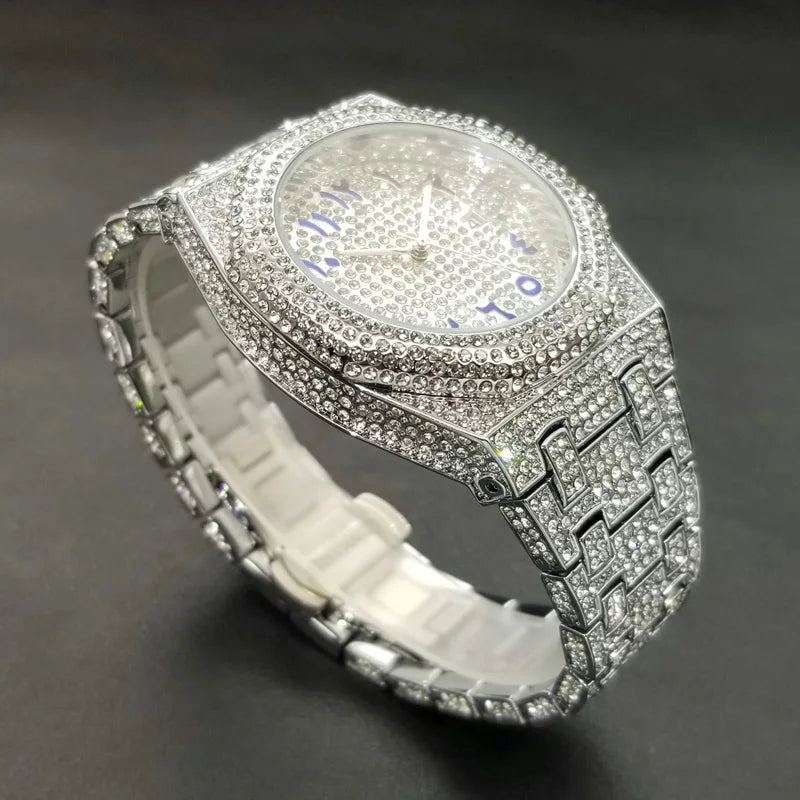 New Arab Number Brand Watch for Men Luxury Fully Diamond Bling Mens Quartz Watches Fashion Iced Out Silver Waterproof Male Clock