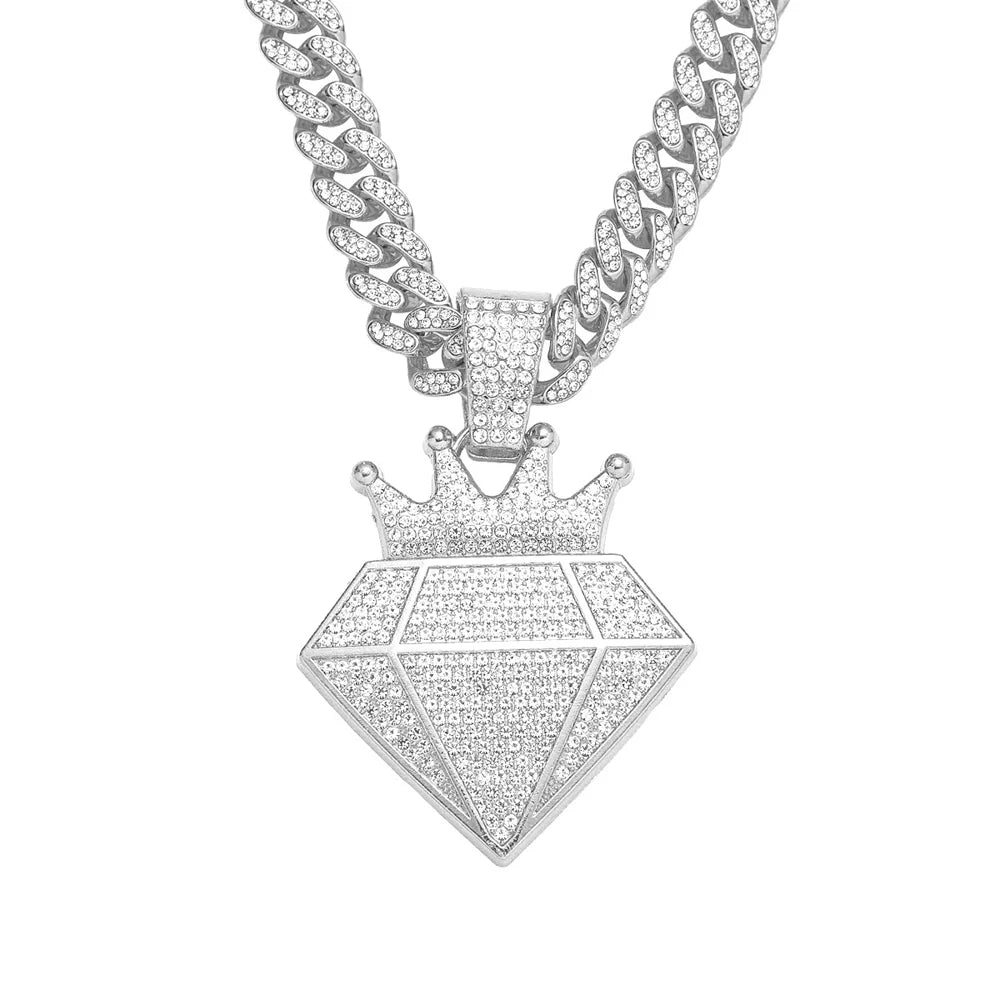 Hip Hop Iced Out Crown Pendant Necklace with 13Mm Rhinestone Cuban Chain Bling Necklaces Men Women Fashion Charm Jewelry Gift
