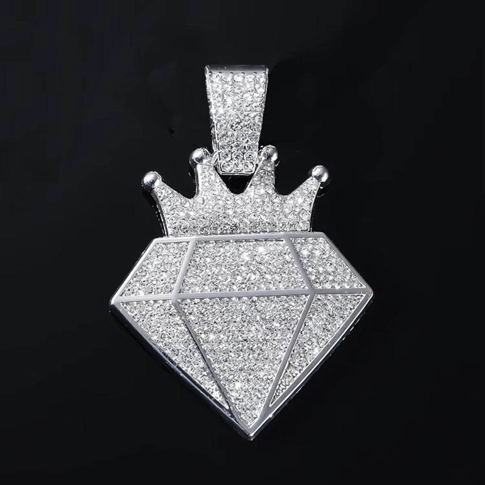 Hip Hop Iced Out Crown Pendant Necklace with 13Mm Rhinestone Cuban Chain Bling Necklaces Men Women Fashion Charm Jewelry Gift