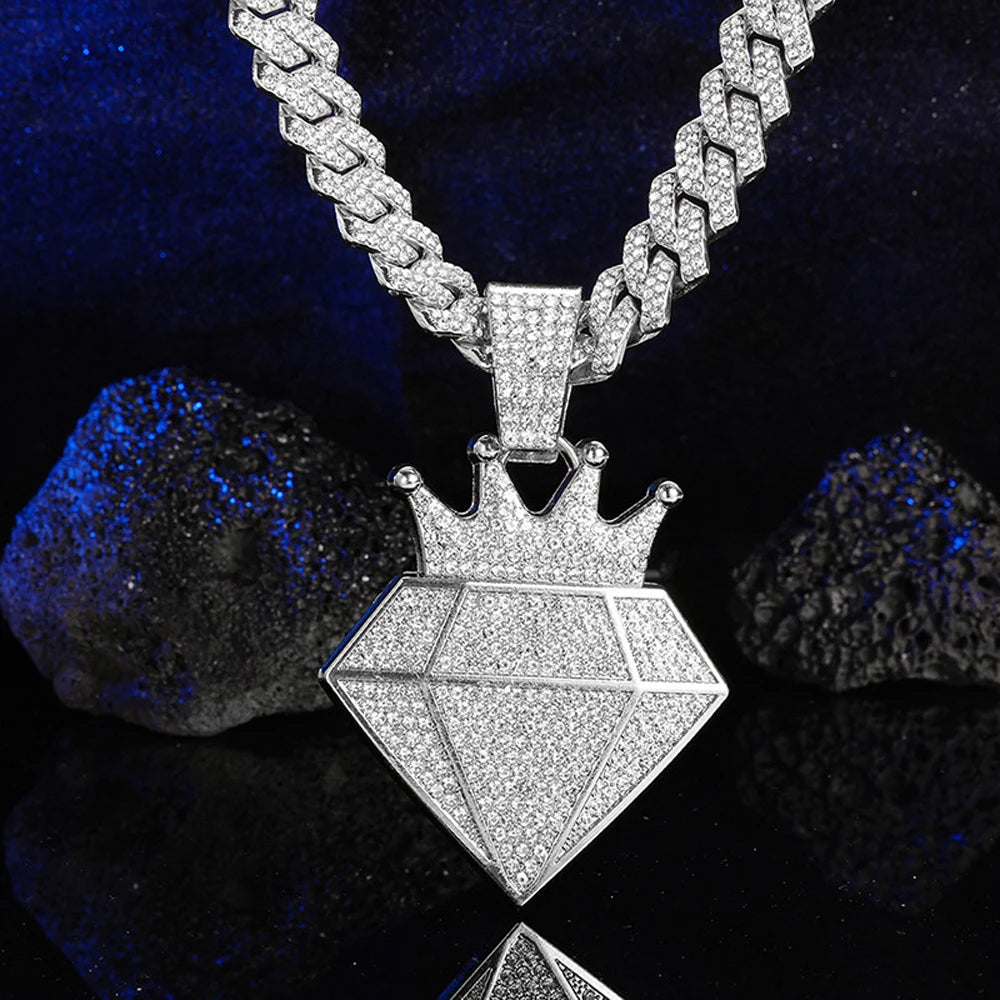 Hip Hop Iced Out Crown Pendant Necklace with 13Mm Rhinestone Cuban Chain Bling Necklaces Men Women Fashion Charm Jewelry Gift