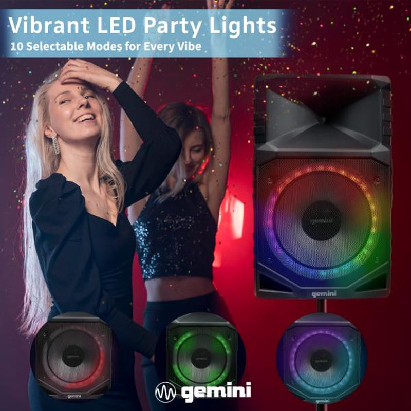 Gemini GXP-T1500 Rechargeable Portable Water-Resistant Bluetooth Speaker, 15-Inch Woofer, RGB Party Lighting, Microphone, FM Radio, USB Playback Audio Cable
