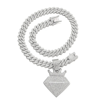 Hip Hop Iced Out Crown Pendant Necklace with 13Mm Rhinestone Cuban Chain Bling Necklaces Men Women Fashion Charm Jewelry Gift