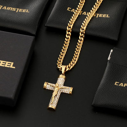 Jesus Cross Pendant Necklace for Men, 18K Gold Plated Stainless Steel 6MM Cuban Chain Hypoallergenic Pendant, Christian Gift