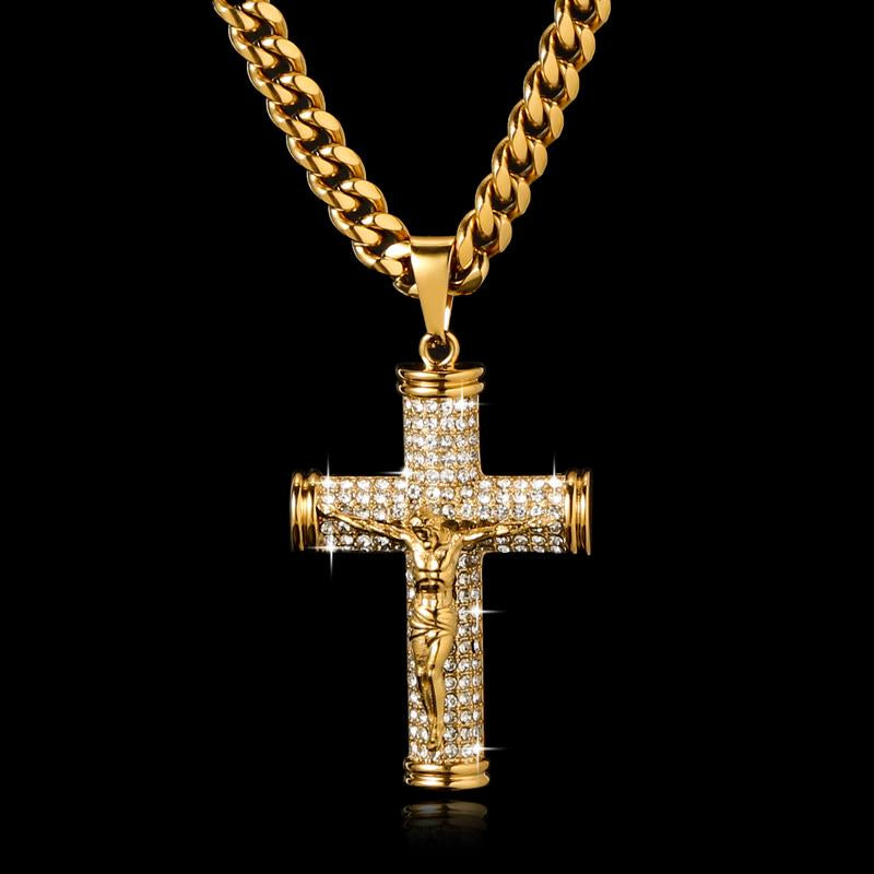 Jesus Cross Pendant Necklace for Men, 18K Gold Plated Stainless Steel 6MM Cuban Chain Hypoallergenic Pendant, Christian Gift