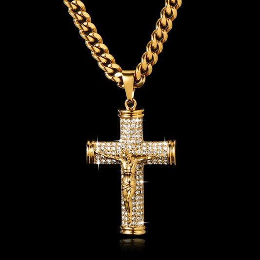 Jesus Cross Pendant Necklace for Men, 18K Gold Plated Stainless Steel 6MM Cuban Chain Hypoallergenic Pendant, Christian Gift