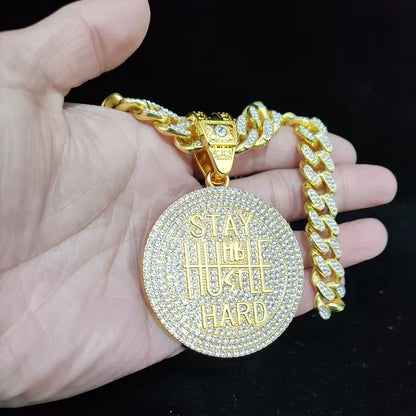 Men Women Hip Hop STAY HARD Pendant Necklace with 13Mm Cuban Chain Hiphop Iced Out Bling Necklaces Fashion Charm Jewelry