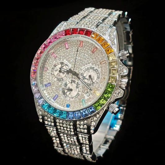 Fashion Ice Watches Men Brand  Luxury Stainless Steel Hip Hop Rainbow Diamond Quartz Wristwatch Male Gift Dropshipping