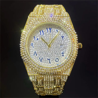2024 New Arab Number Watch for Men Luxury Fully Diamond Bling Mens Quartz Watches Fashion Iced Out Silver Waterproof Male Clock