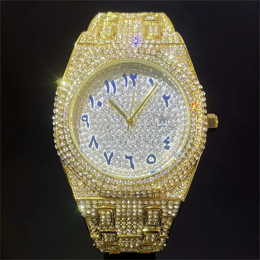2024 New Arab Number Watch for Men Luxury Fully Diamond Bling Mens Quartz Watches Fashion Iced Out Silver Waterproof Male Clock