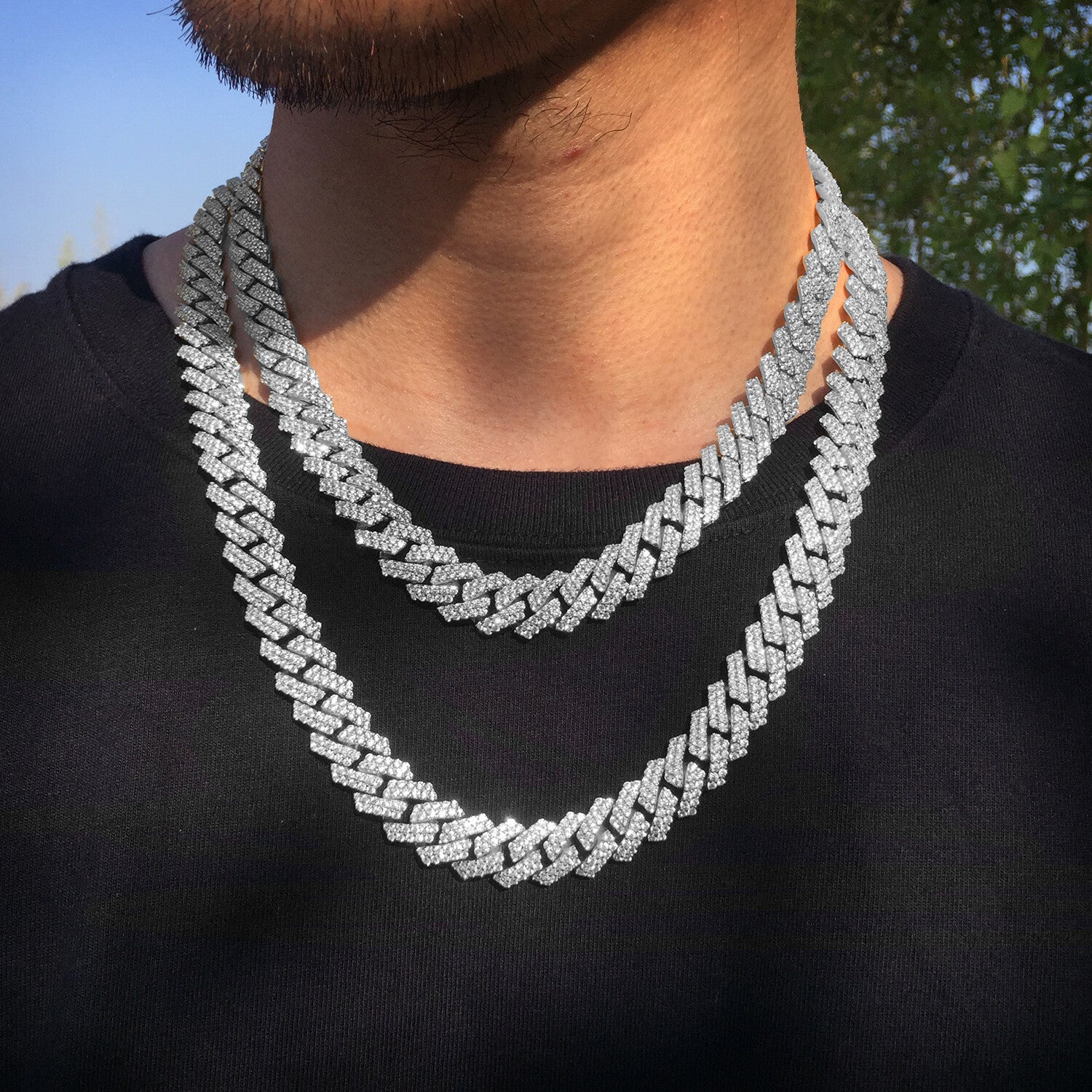 12Mm Iced CZ Out Cuban Link Chain White Gold Stainless Steel Hip Hop Jewelry