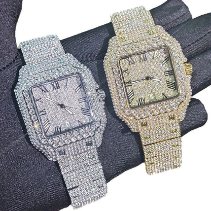 Luxury Diamond Watch for Men Hip Hop Style Bling Bling Iced Out Wristwatch Fashion Square Dial Quartz Watches Waterproof Clock
