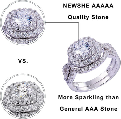 Newshe Wedding Band Engagement Ring Set for Women 925 Sterling Silver 1.8Ct round White AAAAA Cz Size 4-13