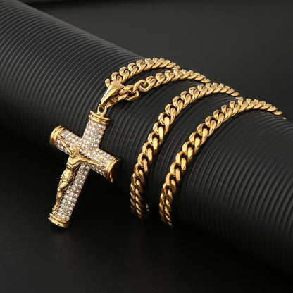 Jesus Cross Pendant Necklace for Men, 18K Gold Plated Stainless Steel 6MM Cuban Chain Hypoallergenic Pendant, Christian Gift