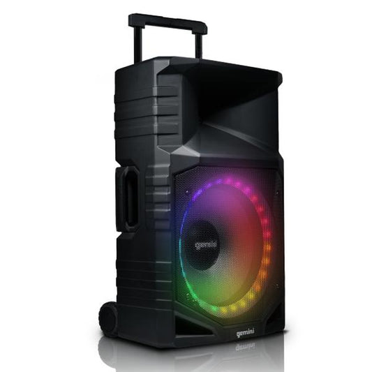 Gemini GXP-T1500 Rechargeable Portable Water-Resistant Bluetooth Speaker, 15-Inch Woofer, RGB Party Lighting, Microphone, FM Radio, USB Playback Audio Cable