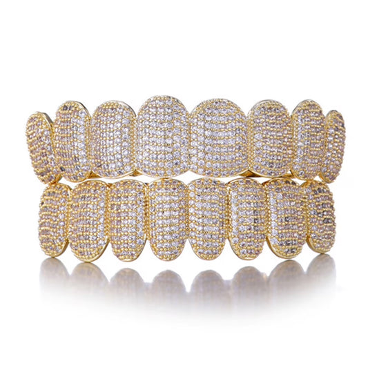 Teeth Grillz Prong with Bling AAA Cubicstones Silver Color Eight Top & Bottom Vampire Grills Set for Hip Hop Gift