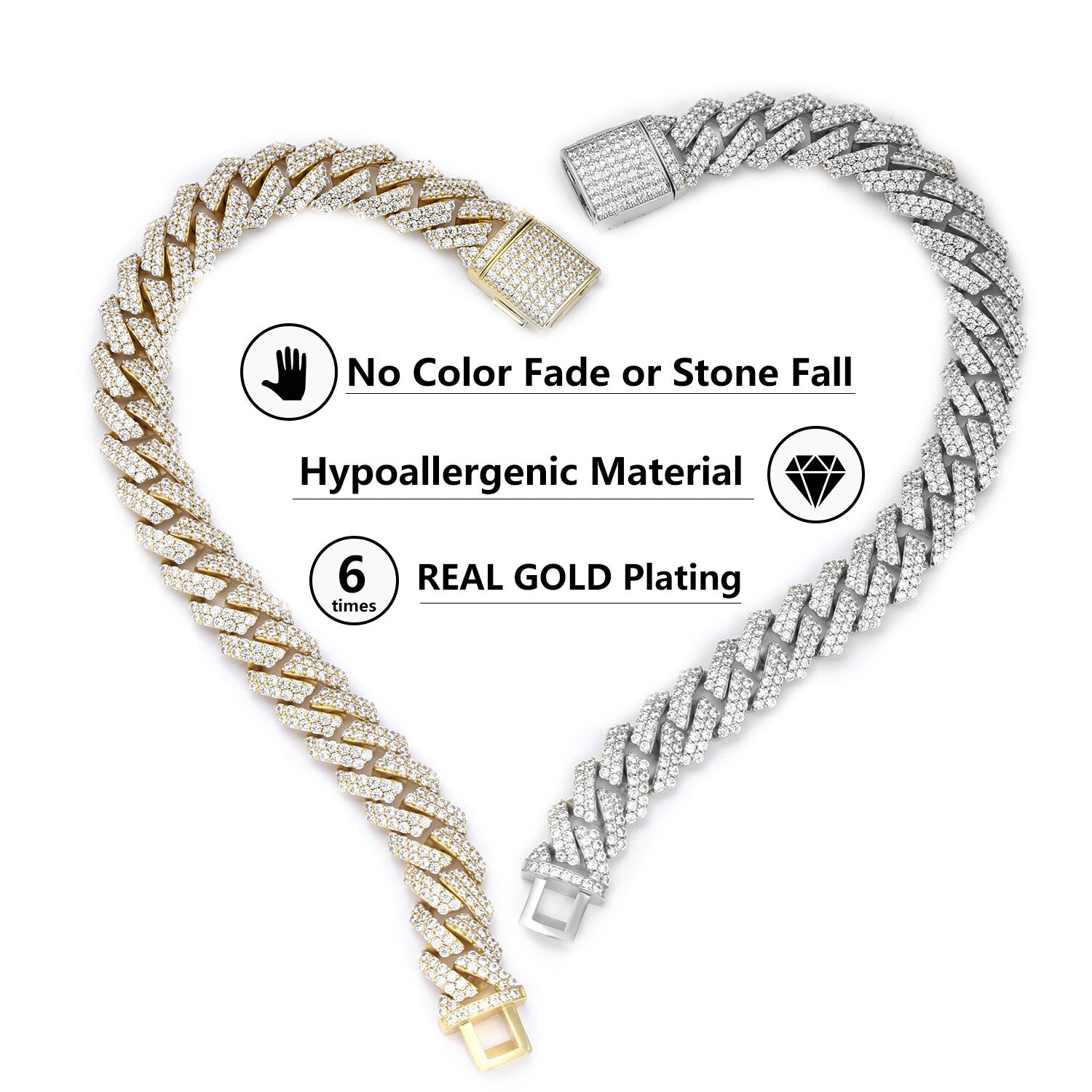 12Mm Iced CZ Out Cuban Link Chain White Gold Stainless Steel Hip Hop Jewelry