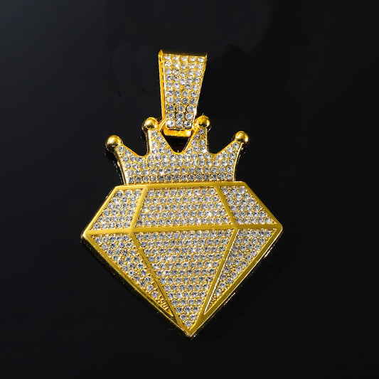 Hip Hop Iced Out Crown Pendant Necklace with 13Mm Rhinestone Cuban Chain Bling Necklaces Men Women Fashion Charm Jewelry Gift