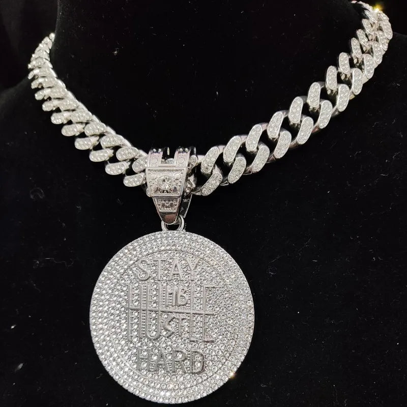 Men Women Hip Hop STAY HARD Pendant Necklace with 13Mm Cuban Chain Hiphop Iced Out Bling Necklaces Fashion Charm Jewelry