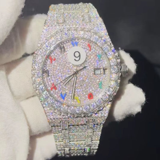 Customized VVS Moissanite Can Pass the Test Diamond Watch Diamond Arabic Dial Mens Watch Top Stainless Steel Mechanical Watch