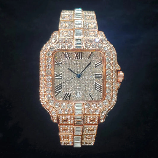 Luxury Diamond Watch for Men Hip Hop Style Bling Bling Iced Out Wristwatch Fashion Square Stainless Steel Waterproof Clock 2024
