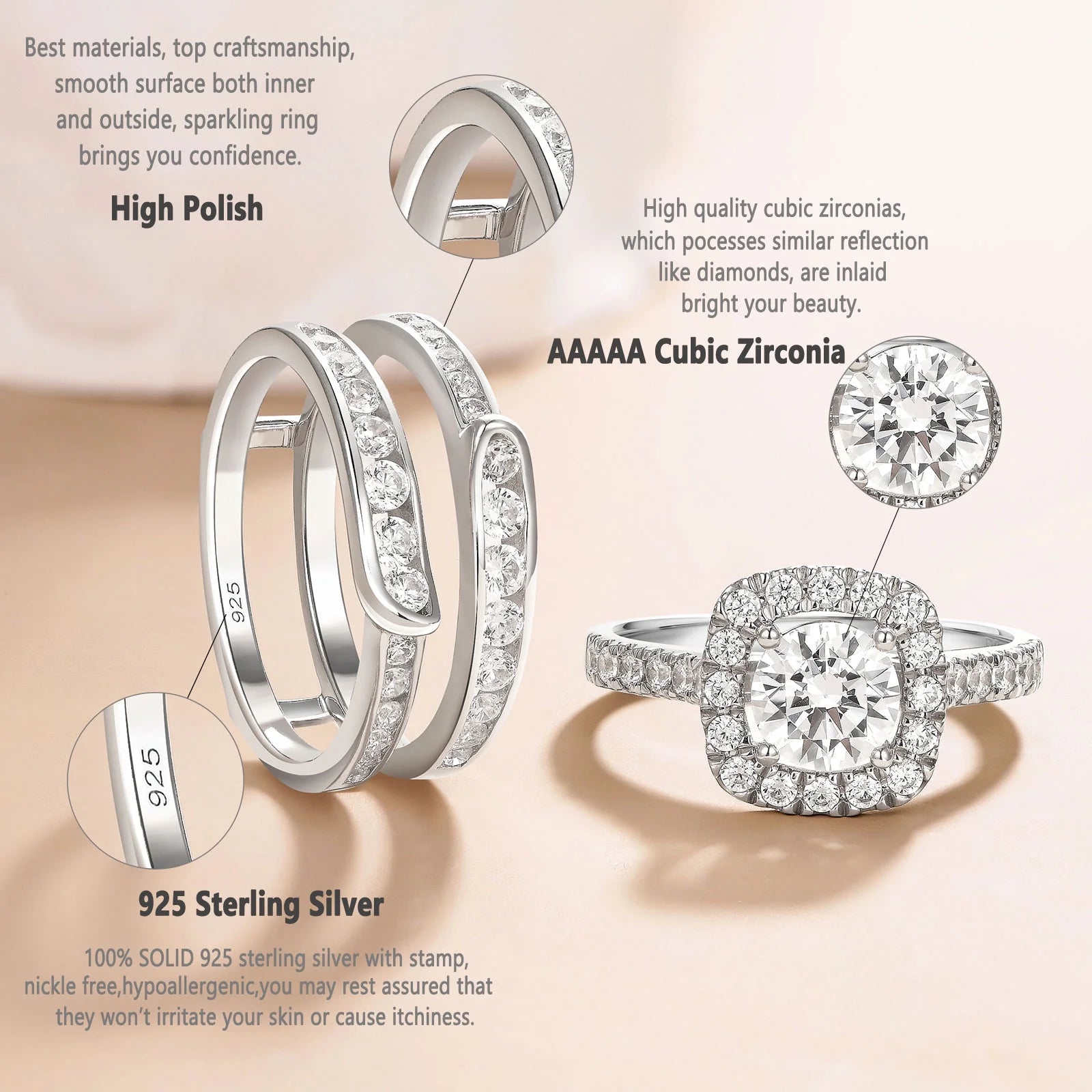 Wedding Rings for Women AAAAA Cz 925 Sterling Silver Engagement Bridal Band Set Enhancers and Wraps Size 8
