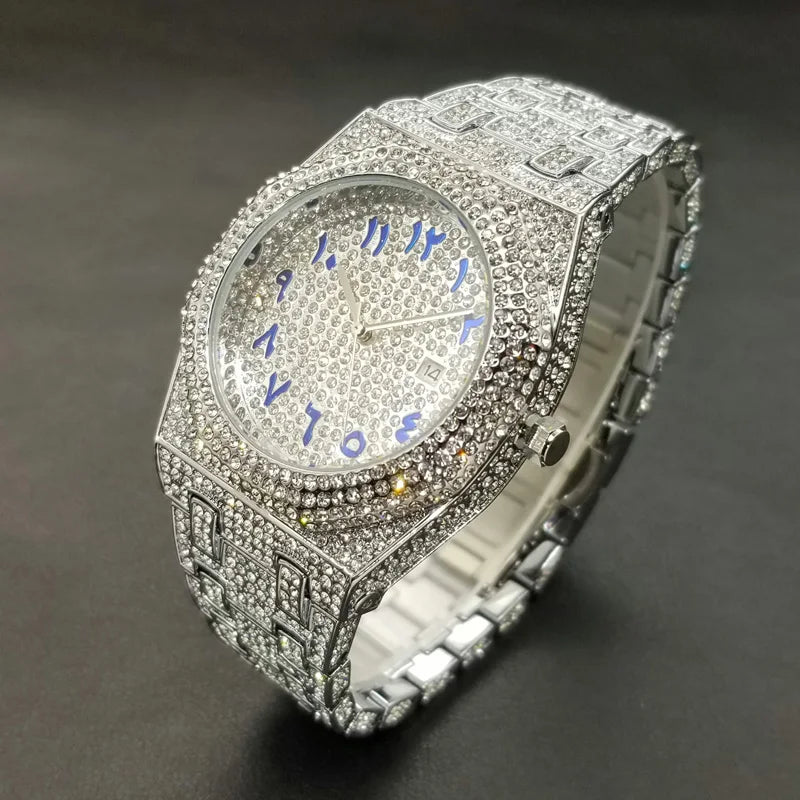 New Arab Number Brand Watch for Men Luxury Fully Diamond Bling Mens Quartz Watches Fashion Iced Out Silver Waterproof Male Clock