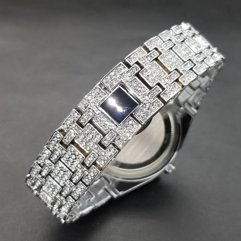 New Arab Number Brand Watch for Men Luxury Fully Diamond Bling Mens Quartz Watches Fashion Iced Out Silver Waterproof Male Clock
