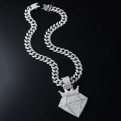 Hip Hop Iced Out Crown Pendant Necklace with 13Mm Rhinestone Cuban Chain Bling Necklaces Men Women Fashion Charm Jewelry Gift