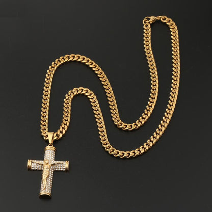Jesus Cross Pendant Necklace for Men, 18K Gold Plated Stainless Steel 6MM Cuban Chain Hypoallergenic Pendant, Christian Gift