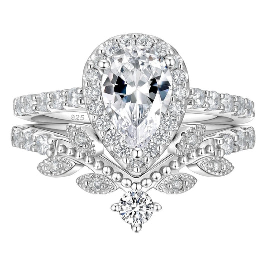 Wedding Ring Set for Women Vintage 925 Sterling Silver Pear Shaped Cz Bridal Set Size 8