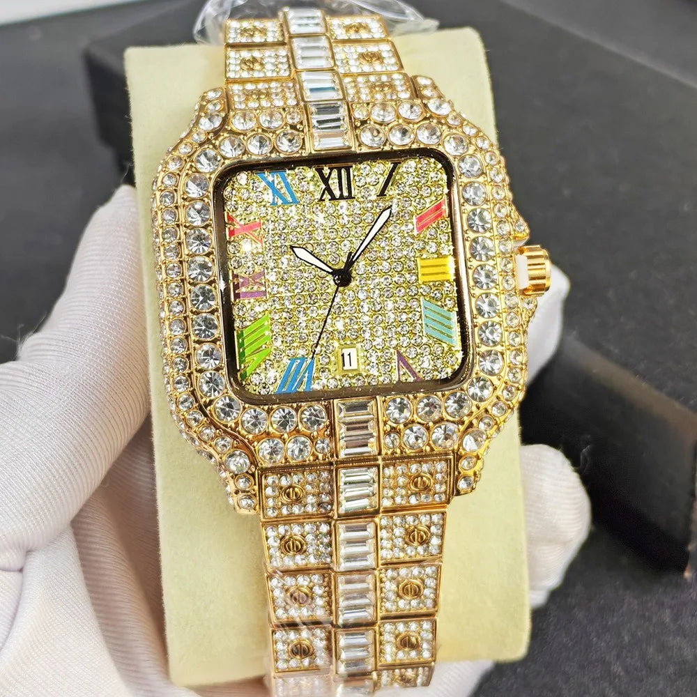 Luxury Diamond Watch for Men Hip Hop Style Bling Bling Iced Out Wristwatch Fashion Square Dial Quartz Watches Waterproof Clock