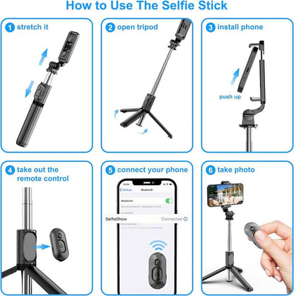 Extendable Selfie Stick Tripod with Wireless Remote – Lightweight, Portable, Compatible with Iphone 15/14/13/12, Samsung, Mount Smartphone Cellphone