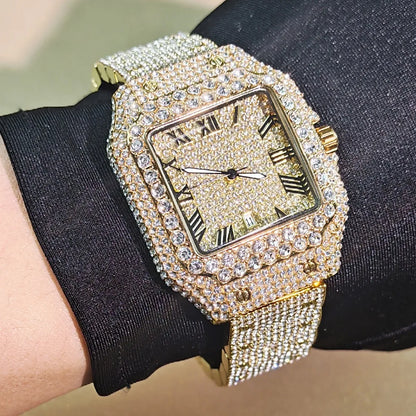 Luxury Diamond Watch for Men Hip Hop Style Bling Bling Iced Out Wristwatch Fashion Square Dial Quartz Watches Waterproof Clock