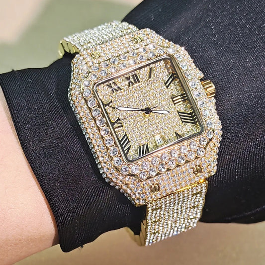 Luxury Diamond Watch for Men Hip Hop Style Bling Bling Iced Out Wristwatch Fashion Square Dial Quartz Watches Waterproof Clock