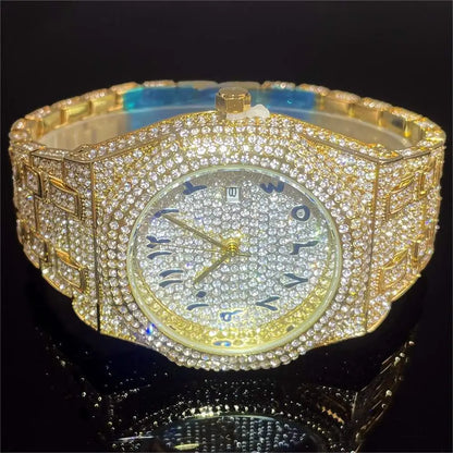 2024 New Arab Number Watch for Men Luxury Fully Diamond Bling Mens Quartz Watches Fashion Iced Out Silver Waterproof Male Clock