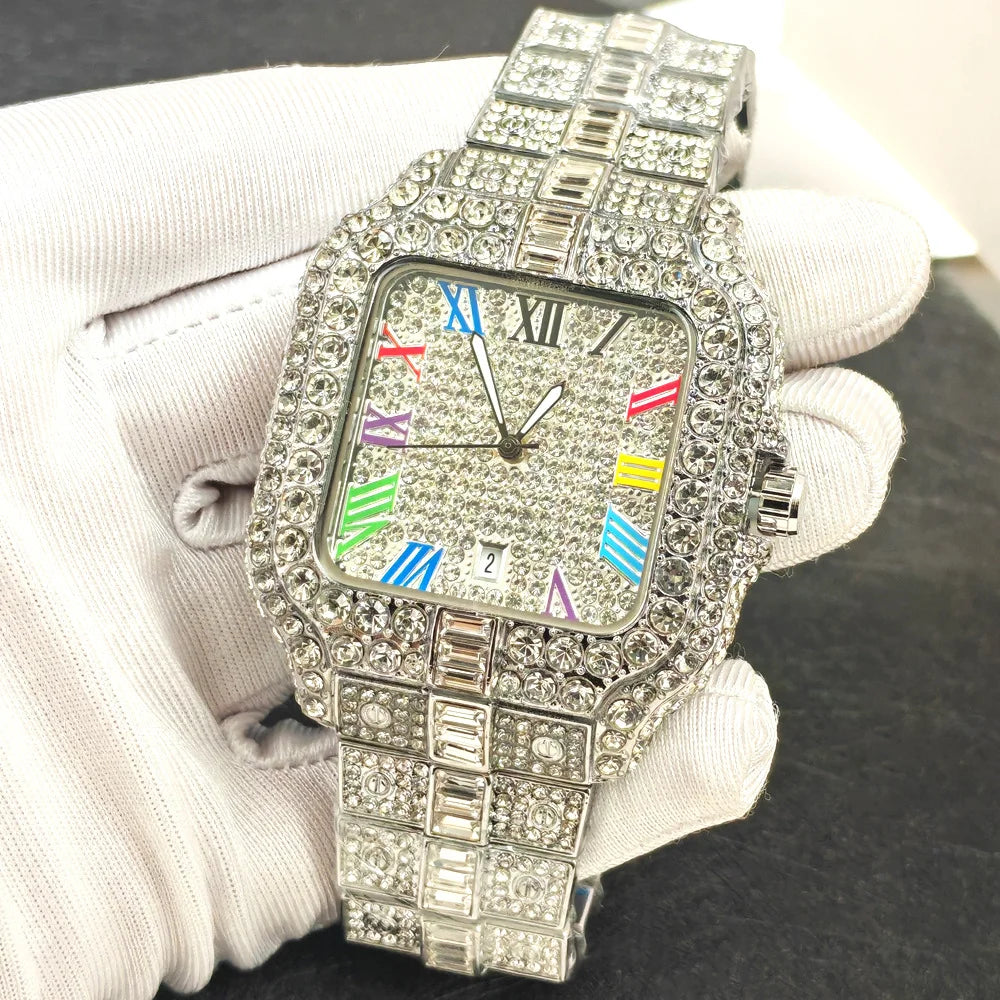 Luxury Diamond Watch for Men Hip Hop Style Bling Bling Iced Out Wristwatch Fashion Square Dial Quartz Watches Waterproof Clock