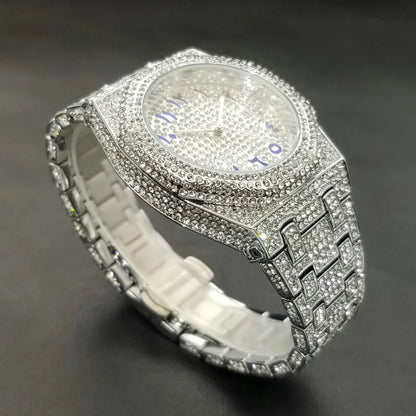 New Arab Number Brand Watch for Men Luxury Fully Diamond Bling Mens Quartz Watches Fashion Iced Out Silver Waterproof Male Clock