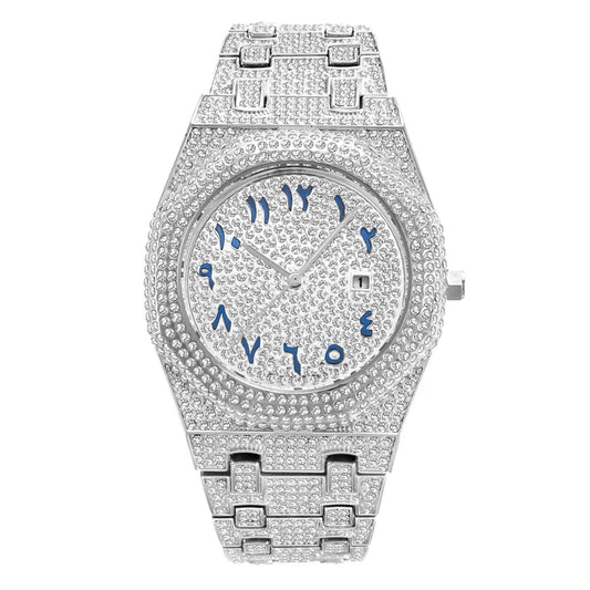 New Arab Number Brand Watch for Men Luxury Fully Diamond Bling Mens Quartz Watches Fashion Iced Out Silver Waterproof Male Clock
